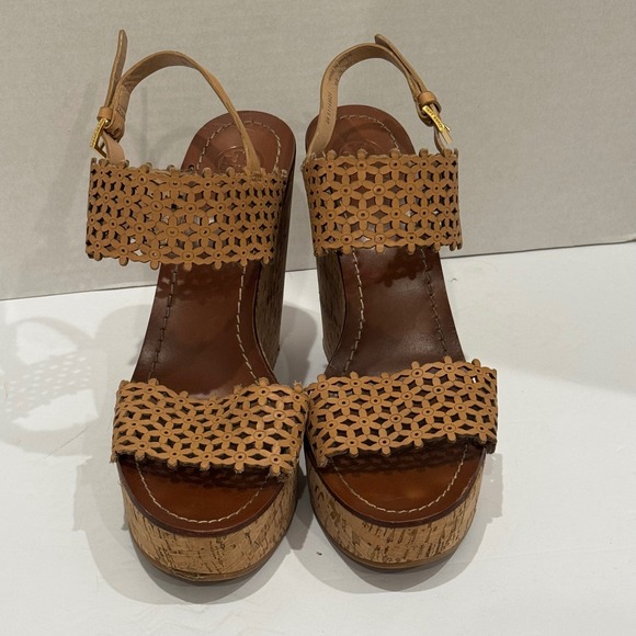 Tory Burch Daisy Cork Wedge Heel Sandals Laser Cut Leather Tan Women's Size 10 M - Picture 9 of 11